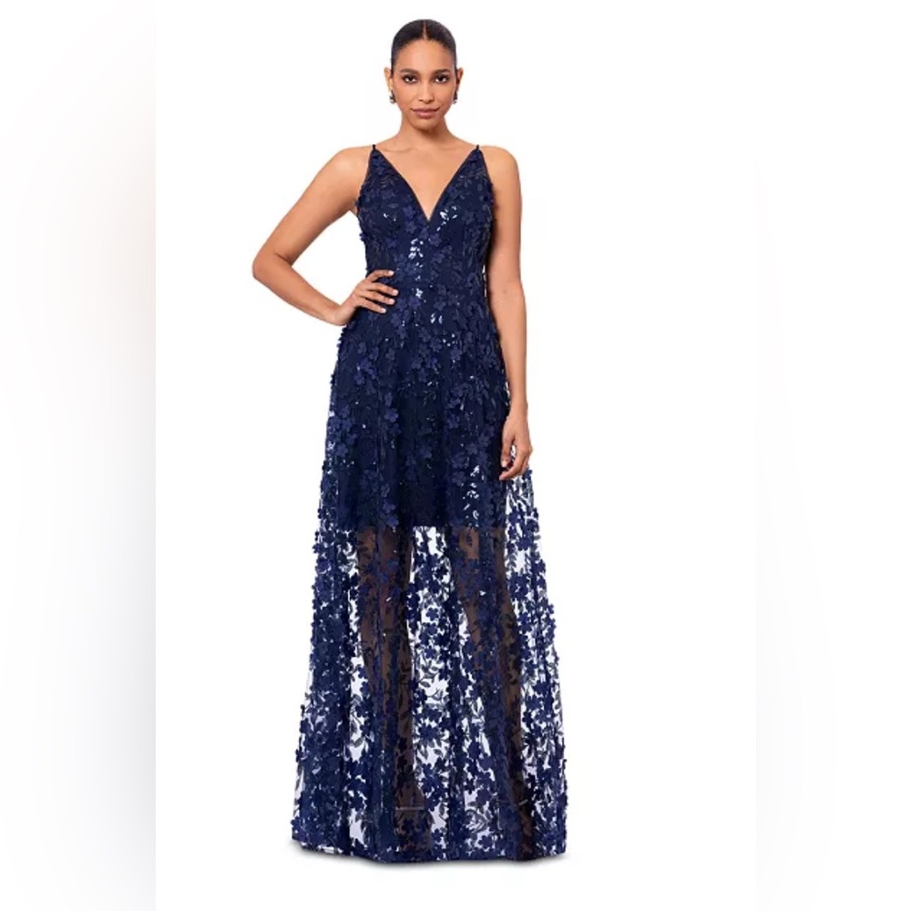 NWT Xscape 3D Floral-Appliqué Sequined Navy Gown